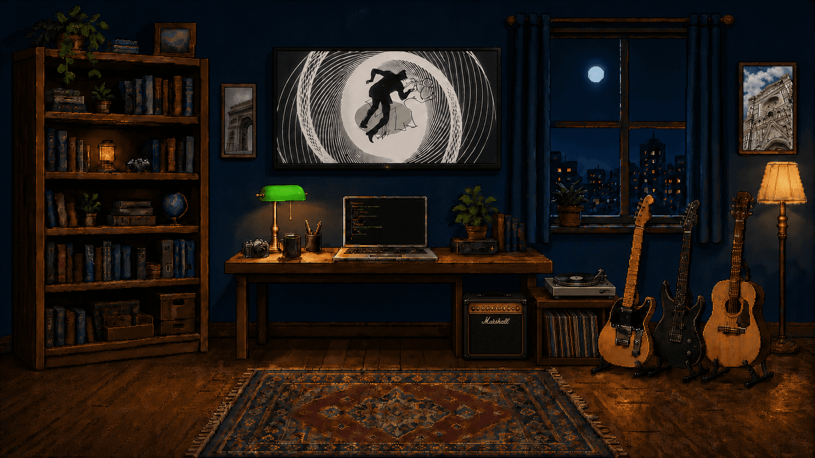 Habitación pixel-art nocturna con una terminal en la MacBook, un televisor plasma con Vértigo, biblioteca, cámara analógica, guitarras, amplificador, tocadiscos y vinilos